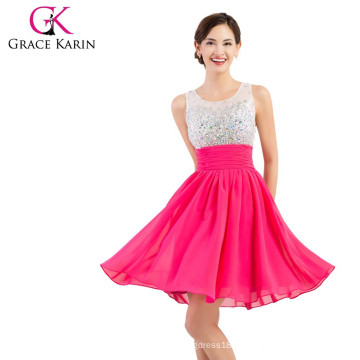 Grace Karin A-Line sem mangas Comprimento do joelho 30D Chiffon Grace Karin Beaded Prom Festa Vestidos Padrões CL7508-2